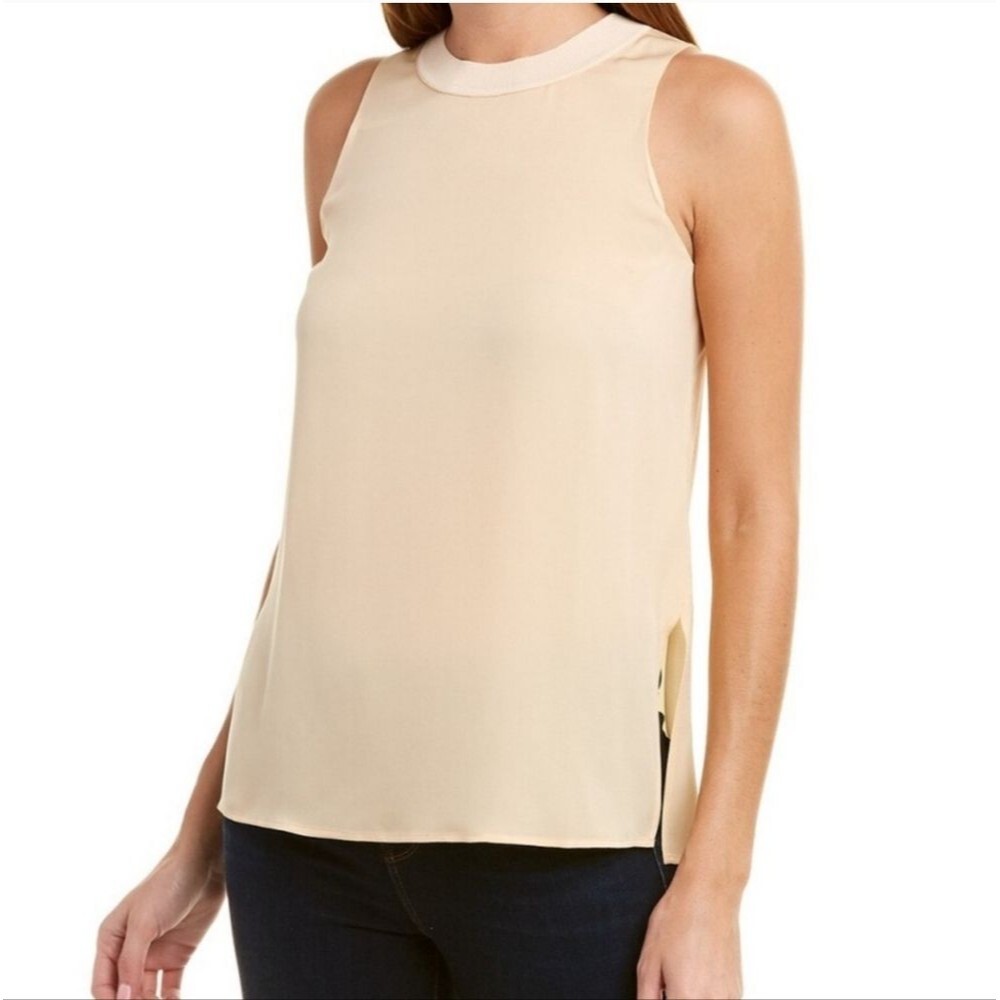New Vince 100% Silk Rib Trim Sleeveless Shell In Beige Birch Size XS
